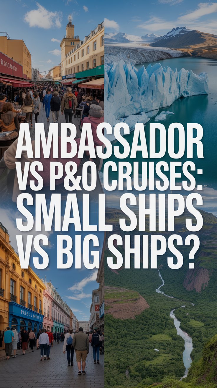 A bold, conceptual advertisement designed to spark curiosity, focusing on a vibrant collage of diverse travel experiences rather than showcasing cruise ships. The background displays a dynamic montage of images: a bustling Moroccan marketplace, a serene Icelandic glacier, a historic European cafe, and a lush Amazon rainforest, all bathed in the warm glow of a bright, sunny day. Overlaid on the left side in large, impactful typography is the text "Ambassador vs P&O Cruises: Small Ships vs Big Ships?", using a clean, modern font with a slightly distressed texture to suggest adventure. The overall aesthetic evokes a sense of wanderlust and exploration, implicitly positioning Ambassador Cruises as the gateway to unique and personalized travel experiences, foregoing traditional cruise imagery for a broader appeal.