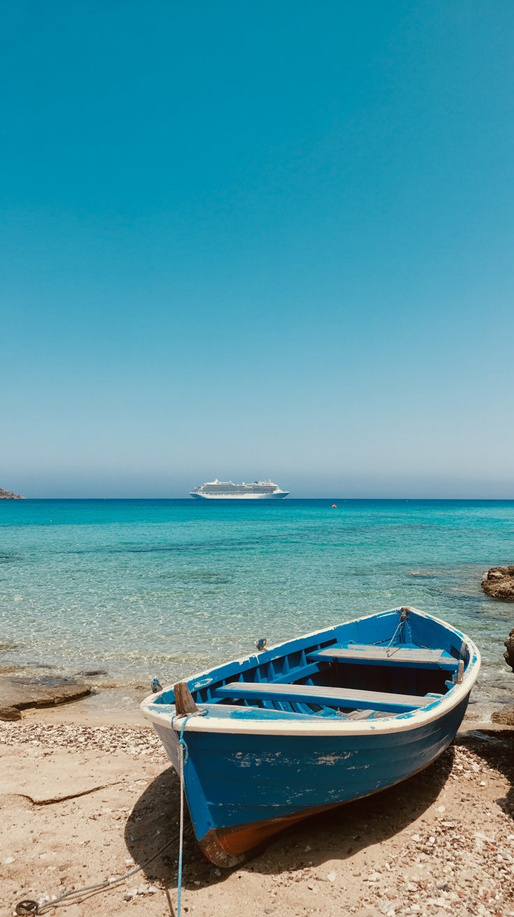 A photograph of a picturesque Mediterranean coastline with crystal-clear turquoise water gently lapping against a sandy shore. A lone, weathered wooden fishing boat rests on the sand, its blue paint chipped and faded by the sun. In the far distance, a modern cruise ship appears as a small white silhouette against the bright azure sky, barely noticeable against the horizon. The scene is bathed in the warm, golden light of a bright sunny day, creating a tranquil and idyllic atmosphere.