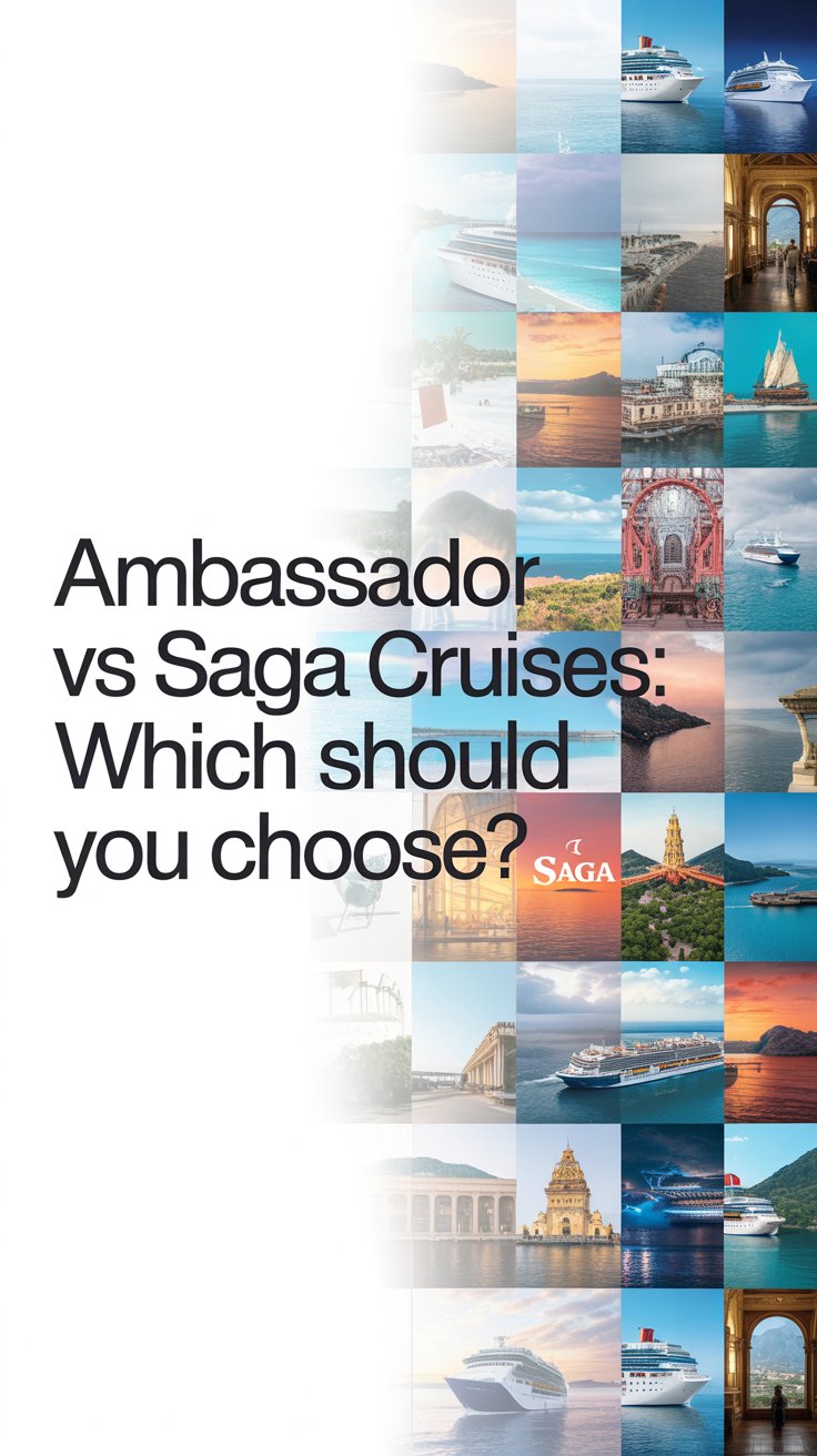 A clean, modern advertising collage featuring a vibrant backdrop of carefully curated travel imagery, representing destinations associated with Ambassador and Saga Cruises, without depicting actual cruise ships. Overlayed on the left side, in bold, sans-serif font, is the text "Ambassador vs Saga Cruises: Which Should You Choose?" positioned to draw immediate attention. The background images showcase sun-drenched beaches, historical landmarks, and picturesque landscapes, creating a bright and sunny atmosphere while subtle gradients and overlays ensure the text remains legible and prominent. This visually engaging advertisement uses a crisp, contemporary aesthetic with a focus on aspirational travel experiences, subtly hinting at the unique offerings of each cruise line without overt branding, maintaining a sophisticated and informative tone.