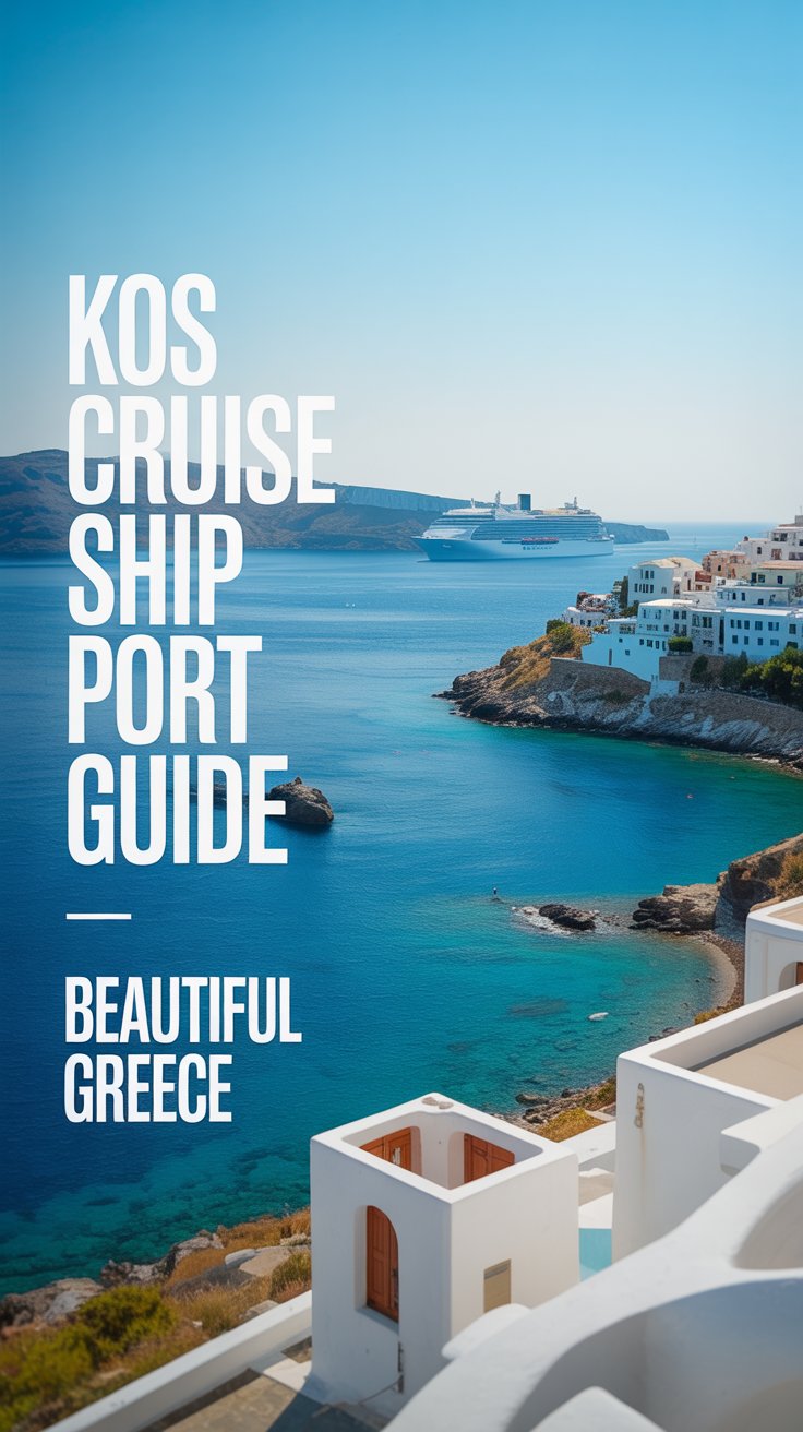 A bright and airy lifestyle advertisement showcasing a scenic view of a Greek coastline, with a luxurious cruise ship gently sailing in the far distance, subtly representing Kos Cruise Lines. The image captures a vibrant, sunny day with turquoise water, white sandy beaches, and traditional whitewashed buildings clinging to the hillside, all bathed in warm, natural light and a shallow depth of field to draw focus to the horizon. Overlaid on the left side of the frame, clean, modern typography displays the text "Kos Cruise Ship Port Guide" on one line and "Beautiful Greece" on the next, ensuring readability without detracting from the picturesque setting, conveying a relaxed and inviting mood perfect for a vacation brochure. The overall aesthetic emphasizes the beauty and tranquility of Greece, inviting viewers to explore with Kos Cruise Lines, and maintains a casual yet sophisticated feel aligned with the brand's image.