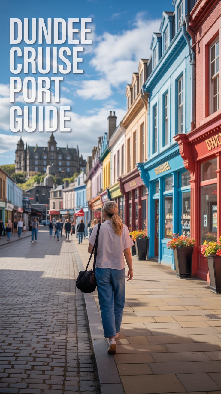 A vibrant travel poster depicting "Dundee Cruise Port Guide" aligned to the left of the frame. The main focus is a casually dressed tourist with a camera bag, strolling along a cobblestone street lined with colorful shops and cafes bathed in bright sunlight. In the background, charming Victorian architecture rises up, hinting at the town's history while a blue sky with fluffy clouds completes the scene. Warm, natural lighting enhances the inviting atmosphere and captures the essence of a pleasant day in Dundee.