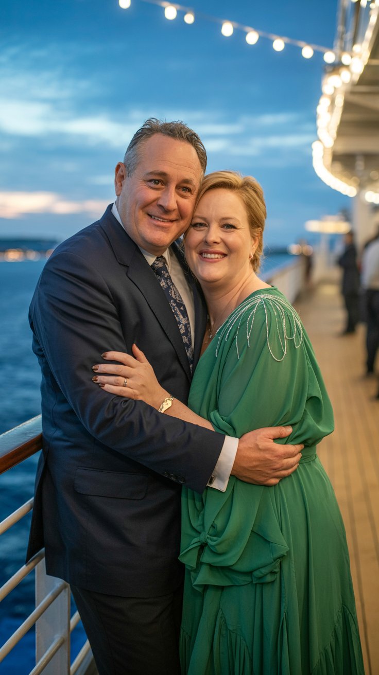 A candid portrait photograph of an average-looking middle-aged couple enjoying a formal night on a cruise ship, radiating a comfortable and familiar warmth. The man, slightly portly, wears a dark navy suit with a patterned tie, while the woman, similarly built, is elegantly dressed in a flowing emerald green gown with delicate silver accents. They stand close together on the ship's deck, bathed in the soft glow of string lights and a twilight sky, creating a relaxed and intimate atmosphere with blurred ocean views in the distance. The scene is captured with a shallow depth of field, emphasizing the couple's connection against the backdrop of "Formal Night".