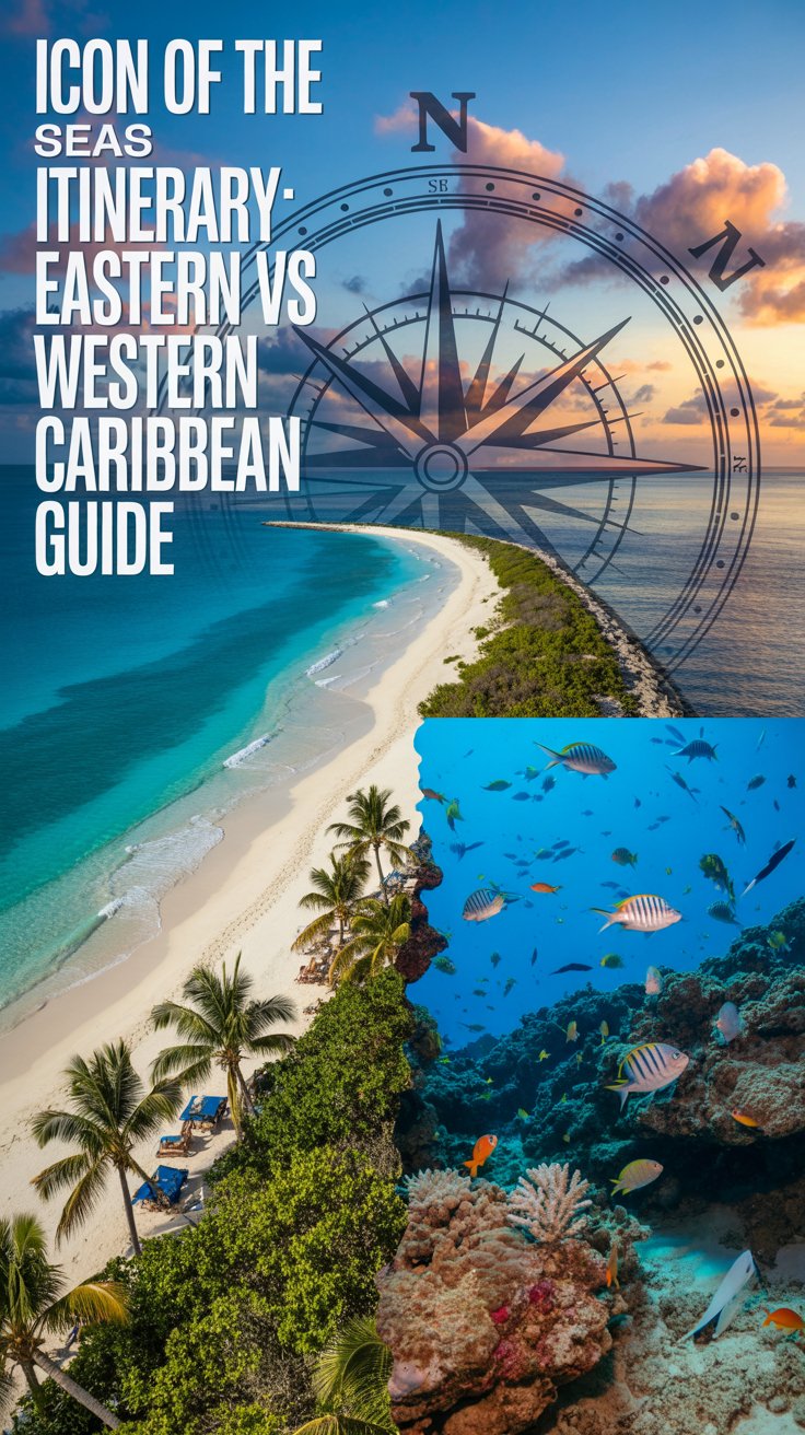 A travel brochure style image showcasing the contrasting allure of the Eastern and Western Caribbean. The prominent left-aligned text reads "Icon of the Seas Itinerary: Eastern vs Western Caribbean Guide". Two distinct scenes are depicted side-by-side: on the left, turquoise waters meet pristine white sand beaches lined with palm trees, while on the right, a vibrant coral reef teems with colorful fish and marine life. A stylized compass rose subtly overlays the background, and warm, inviting sunlight bathes both scenes, creating a sense of adventure and relaxation.