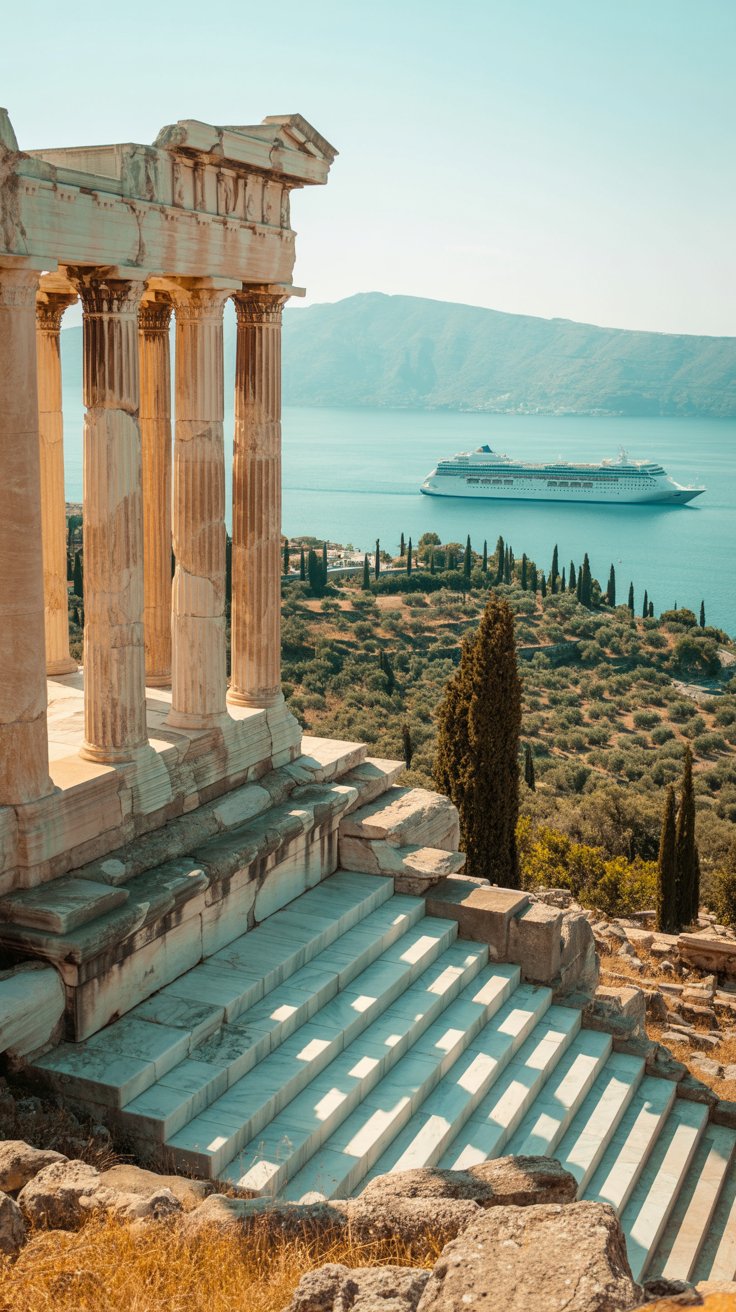 A photograph showcasing the weathered remains of the Asklepieion temple perched dramatically on a sun-drenched hillside. The ancient structure features towering, partially crumbled Doric columns and a series of ascending stone terraces covered in soft, pale green moss. Below, a sweeping Mediterranean landscape unfolds with olive groves and cypress trees leading to a distant harbor where a white cruise ship rests peacefully on the turquoise water. The bright sunlight casts long shadows across the ruins, highlighting the textures of the stone and creating a warm, inviting atmosphere.