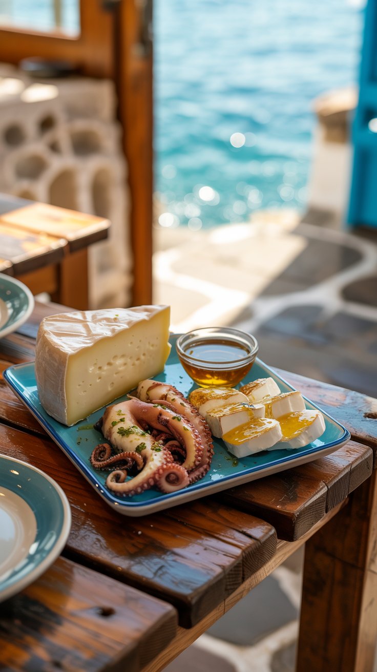 A photograph showcasing a rustic wooden table laden with traditional Greek island delicacies. A wedge of Krasotiri cheese sits prominently beside a small dish of golden honey and a selection of fresh grilled octopus and calamari glistening with olive oil. The table is set within a charming Mediterranean seaside taverna, with glimpses of the turquoise sea visible through an open doorway. Sunlight streams in, casting warm shadows and highlighting the vibrant colors of the food and the textures of the weathered wood.