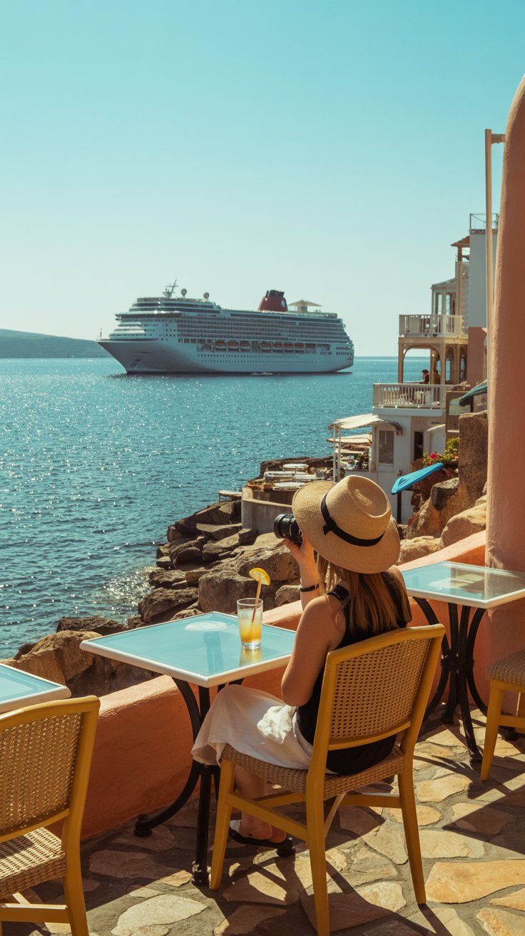 A photograph of a quaint, sun-drenched Mediterranean restaurant nestled on a rocky coastline. A single tourist with a straw hat and a camera is seated at a table, enjoying a glass of iced lemonade. In the background, a large cruise ship with white balconies and red accents sits peacefully on the shimmering turquoise water, visible in the far distance. The scene is bathed in the warm glow of a bright, sunny day, casting long shadows and highlighting the vibrant colors of the buildings and the sea.