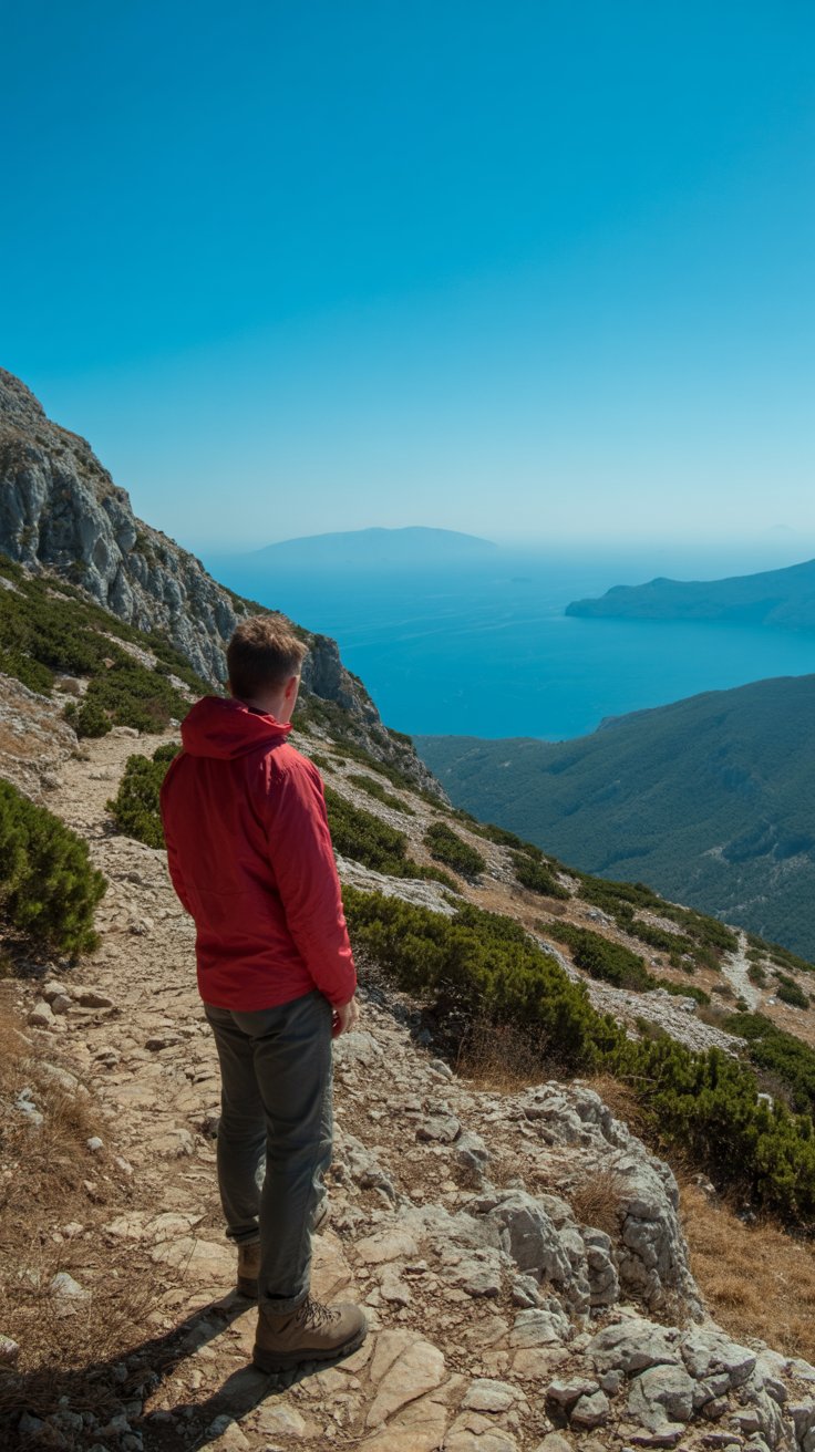 A photograph of a lone hiker standing on the rugged hiking trail of Mount Olympus in Greece. The hiker is a man with short brown hair, wearing a red windbreaker, hiking pants, and sturdy boots, gazing out at the breathtaking view. Before him, the ancient, weathered path winds upwards, surrounded by sparse, resilient vegetation clinging to the rocky terrain. The bright sunny day casts long shadows, illuminating the distant turquoise Aegean Sea and a cloudless blue sky.