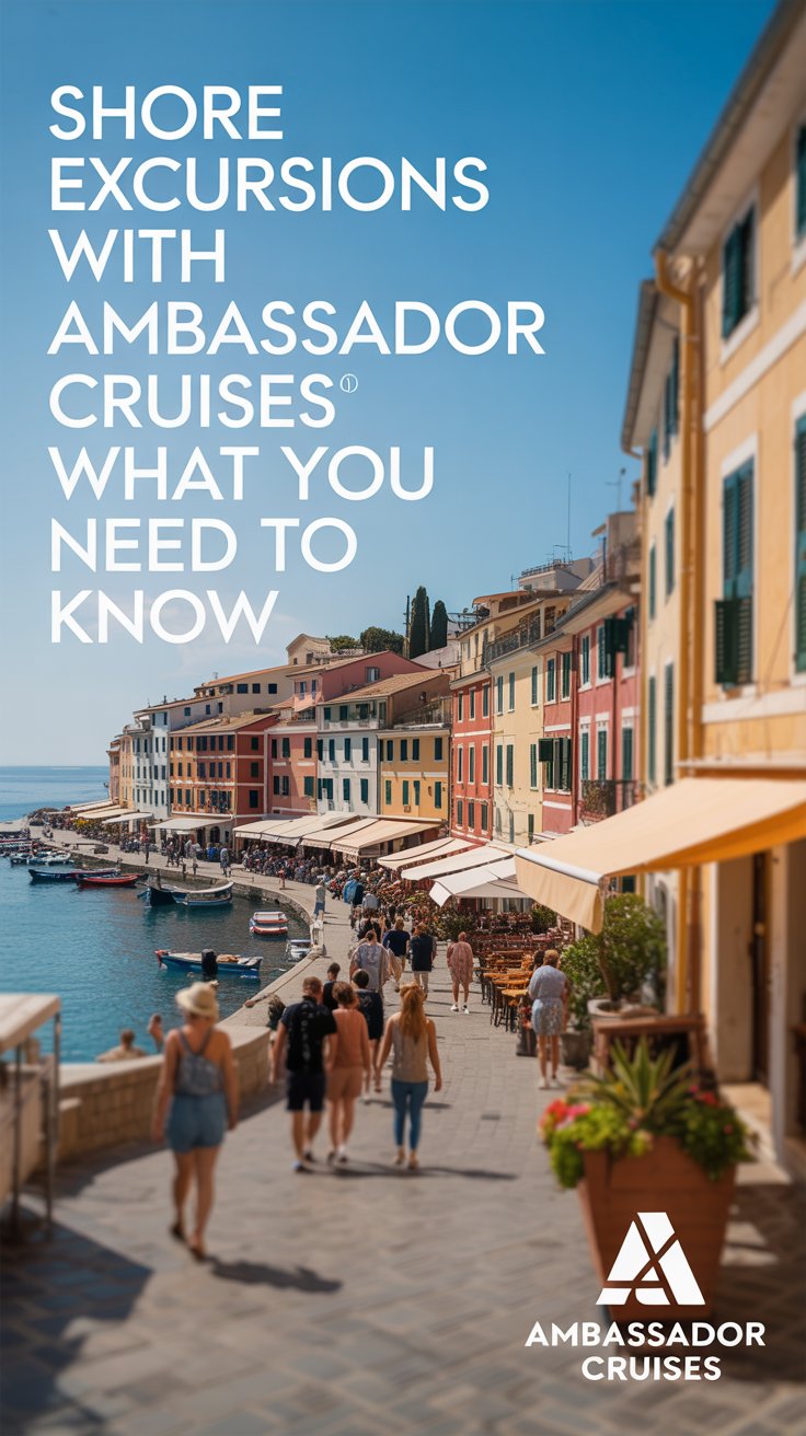 A vibrant lifestyle advertisement for Ambassador Cruises showcasing a picturesque coastal town in the Mediterranean, bathed in the golden light of a bright sunny day. The scene focuses on a charming cobblestone street lined with colorful buildings, inviting tourists to explore local shops and cafes, highlighting the destinations accessible through Ambassador Cruises. A subtle overlay of large, clean text aligned to the left reads, "Shore Excursions with Ambassador Cruises What You Need To Know" with the Ambassador Cruises logo discreetly positioned in the bottom right corner, creating an inviting atmosphere that evokes a sense of adventure and discovery with a warm, aspirational aesthetic. The composition utilizes shallow depth of field to draw attention to the inviting town while maintaining a visually appealing and professional quality suitable for a travel campaign.