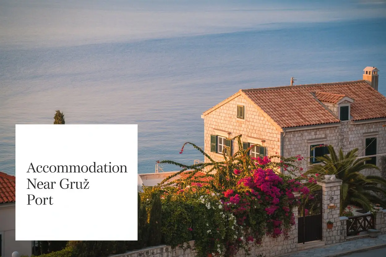 A scenic lifestyle advertisement showcasing a charming stone villa in Dubrovnik, Croatia, overlooking the azure Adriatic Sea and positioned near the Gruž Port. The villa features a terracotta-roofed structure with vibrant bougainvillea cascading down the walls, bathed in the warm, golden light of the late afternoon sun, highlighting the inviting exterior and creating a sense of relaxation and luxury. In the bottom left corner, a crisp white overlay displays the text "Accommodation Near Gruž Port" in a clean, modern sans-serif font, ensuring readability while maintaining an elegant aesthetic. The overall mood is tranquil and aspirational, emphasizing the villa's proximity to the port and appealing to travelers seeking a luxurious and convenient base for exploring Dubrovnik.