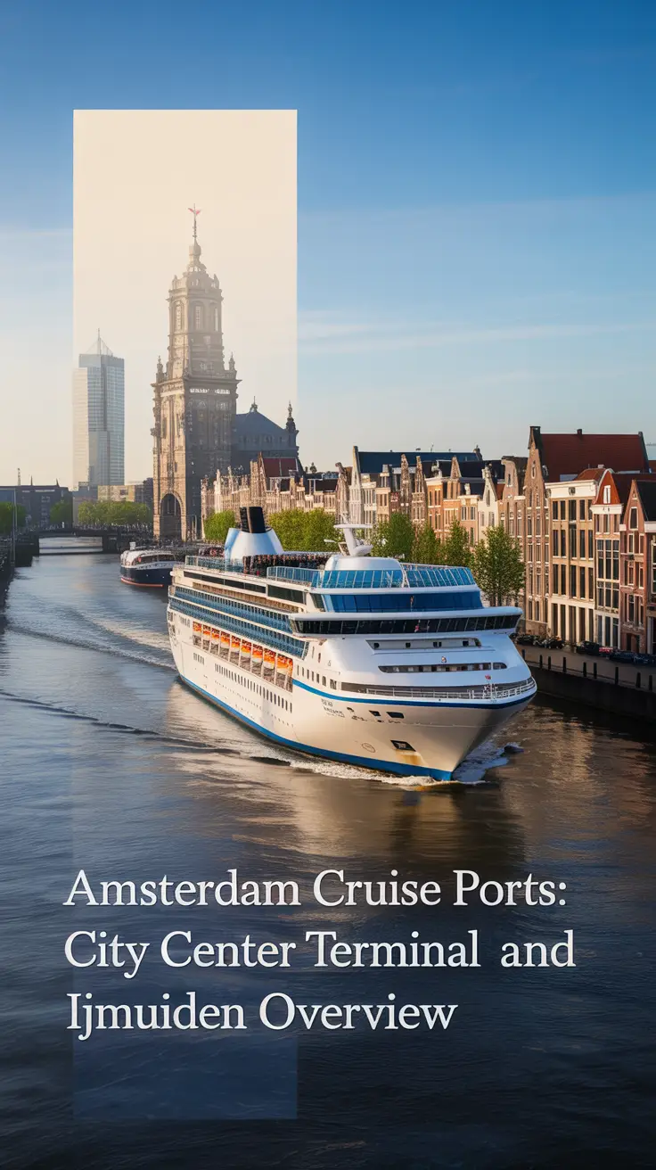 A panoramic lifestyle advertisement showcasing the vibrant allure of Amsterdam Cruise Ports, featuring a sleek cruise ship gently approaching the City Center Terminal with iconic Amsterdam canal houses in the background, bathed in golden late afternoon light that highlights both modern maritime elegance and classic Dutch architecture; a refined travel scene inviting cultural exploration with text overlay reading "Amsterdam Cruise Ports: City Center Terminal and IJmuiden Overview" and a faint city skyline reflected in the water.