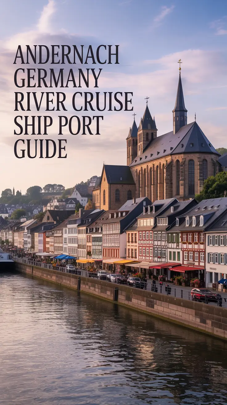 A detailed travel guide illustration of the Andernach Germany River Cruise Ship Port, featuring cobblestone streets and charming half-timbered buildings along the waterfront, with the Maria Ehrenfried Church visible in the background; warm, diffused lighting enhances the picturesque, welcoming atmosphere.