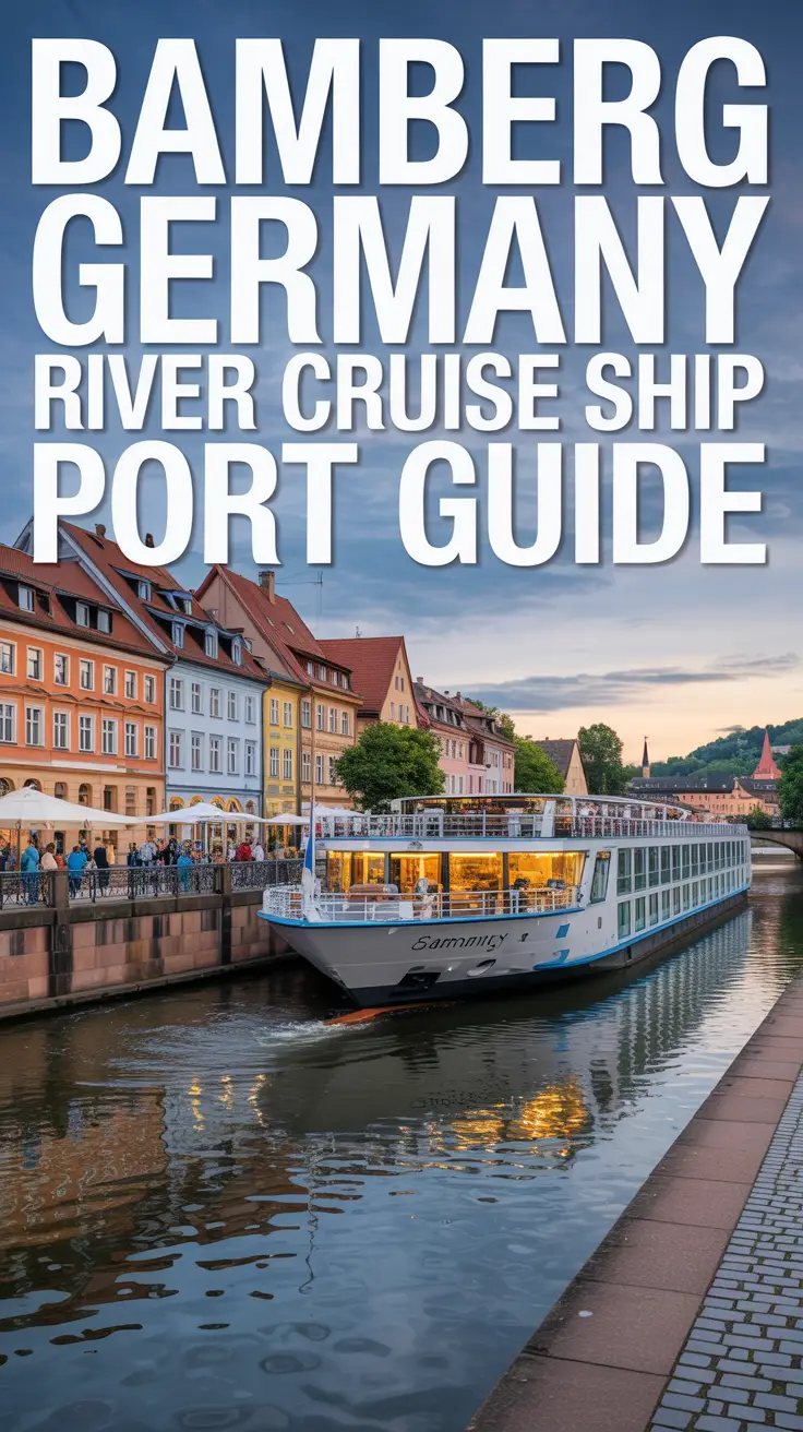A travel brochure image showcasing "Bamberg Germany River Cruise Ship Port Guide" prominently displayed in large, bold text aligned to the left. The image depicts a brightly lit, modern cruise ship docked at a picturesque port in Bamberg, Germany, with a backdrop of charming, historic buildings and a calm river reflecting the colorful facades. The foreground includes a cobblestone walkway and glimpses of tourists exploring the area, with soft, warm lighting highlighting the architectural details and creating a welcoming atmosphere. Gentle ripples on the water and a clear blue sky complete the scene, evoking a sense of tranquility and inviting exploration.