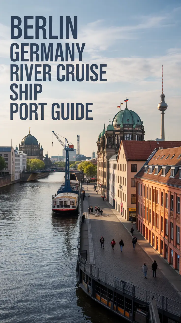 A travel guide illustration depicting the Berlin, Germany river port. "Berlin Germany River Cruise Ship Port Guide" is prominently displayed in large, bold typography aligned to the left, creating a clear visual hierarchy. The port features a bustling scene with historic warehouses, cranes, and cobblestone walkways alongside the Spree River, illuminated by soft, diffused light from an overcast sky. In the background, iconic Berlin architecture, like the Fernsehturm, are slightly blurred, establishing depth and context within the urban landscape.
