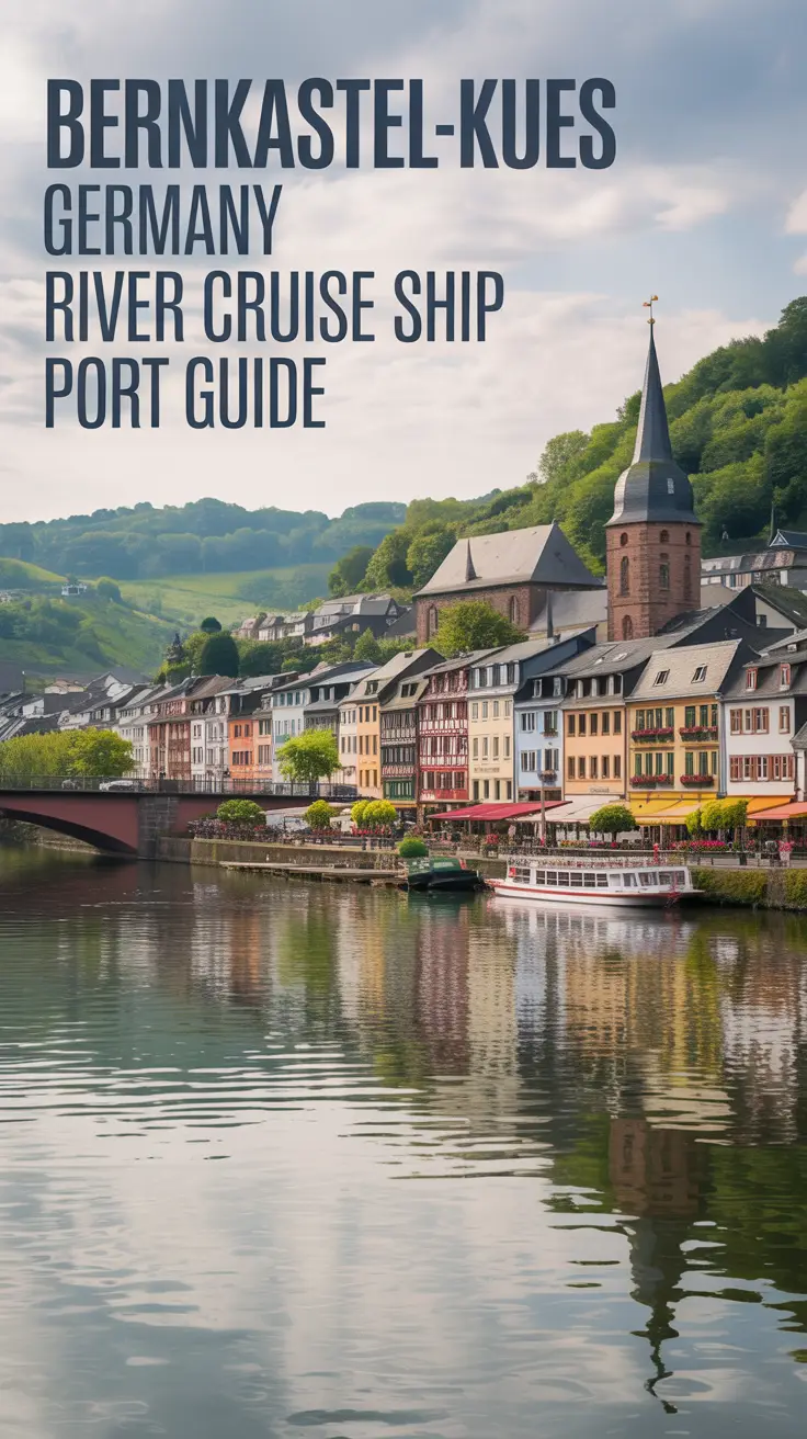 A picturesque travel guide illustration showcasing the historic port of Bernkastel-Kues, Germany, with charming half-timbered buildings along the Moselle River reflecting in calm water; classic serif text on the left reads “Bernkastel-Kues Germany River Cruise Ship Port Guide”; lush green hills and soft, diffused lighting enhance the warm, welcoming atmosphere.