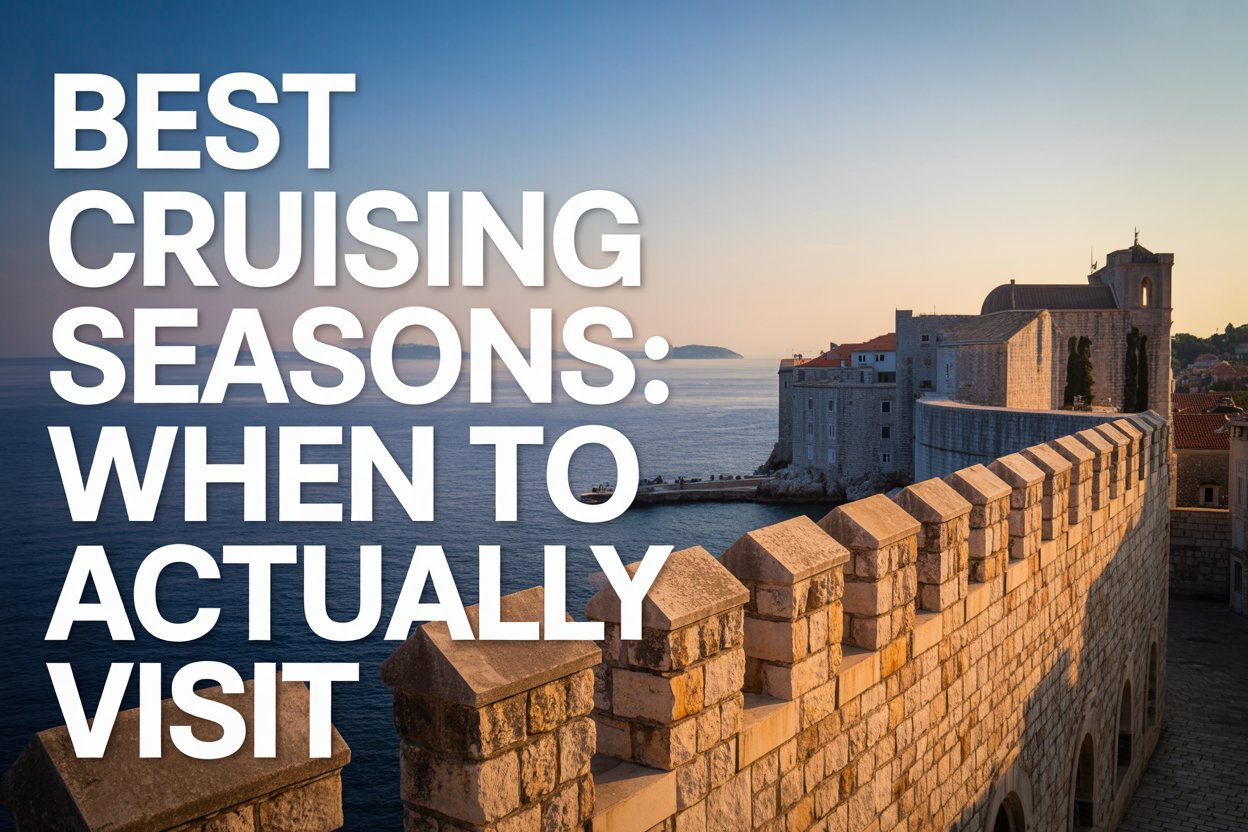 A photograph of the ancient stone walls of Dubrovnik, Croatia, with a picturesque view of the Adriatic Sea in the background. Superimposed on the left side of the frame is the large text "Best Cruising Seasons: When To Actually Visit" in a clean, modern white font. The warm afternoon sun casts long shadows across the weathered stone, highlighting the texture and history of the city walls. The scene exudes a sense of timeless beauty and wanderlust, bathed in a soft, golden light.