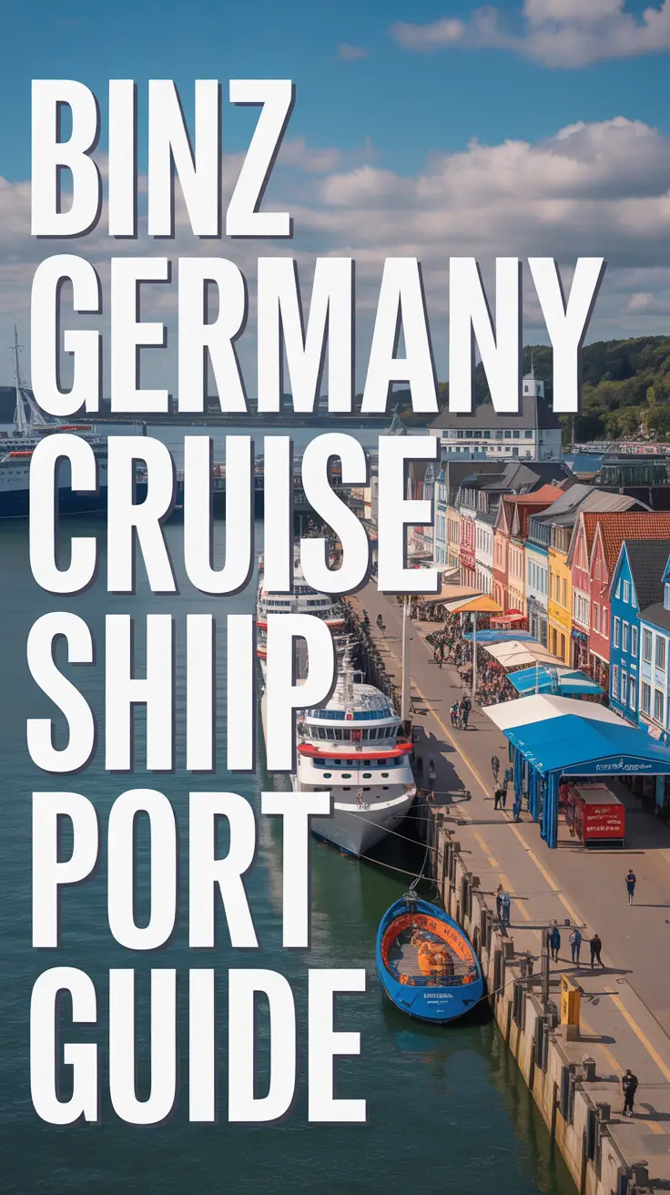 A travel poster depicting a vibrant scene at the cruise ship port in Binz, Germany, where several large cruise ships are docked at a lively pier surrounded by colorful buildings and charming shops, all illuminated by warm golden sunlight, with bold nautical-themed text on the left reading "Binz Germany Cruise Ship Port Guide".