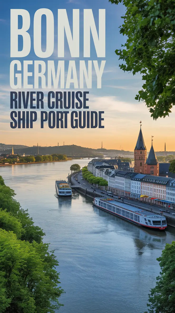 A travel guide cover art depicting the port of Bonn, Germany, showcasing a panoramic view of the Rhine River. Dominating the left side of the frame is the bold text “Bonn Germany River Cruise Ship Port Guide” in a classic, elegant typeface. The river reflects the warm glow of the setting sun, with historic buildings lining the waterfront and a gentle mist rising over the water, creating a serene and inviting atmosphere. Lush green trees frame the scene, and the overall image evokes a sense of timeless beauty and exploration.