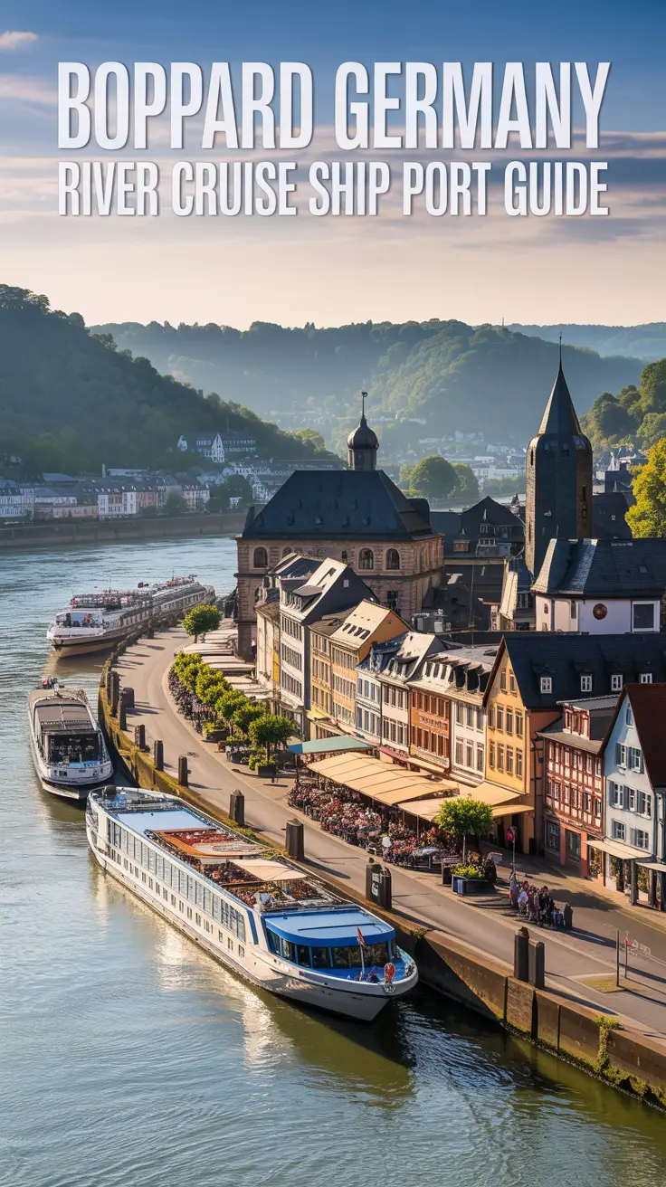 A picturesque travel poster showcasing "Boppard Germany River Cruise Ship Port Guide" with a charming riverfront town featuring colorful half-timbered buildings along the Rhine River, illuminated by late afternoon golden light, cobblestone streets leading to a lively port, and scenic hills in the background—evoking a peaceful, inviting river cruise experience.