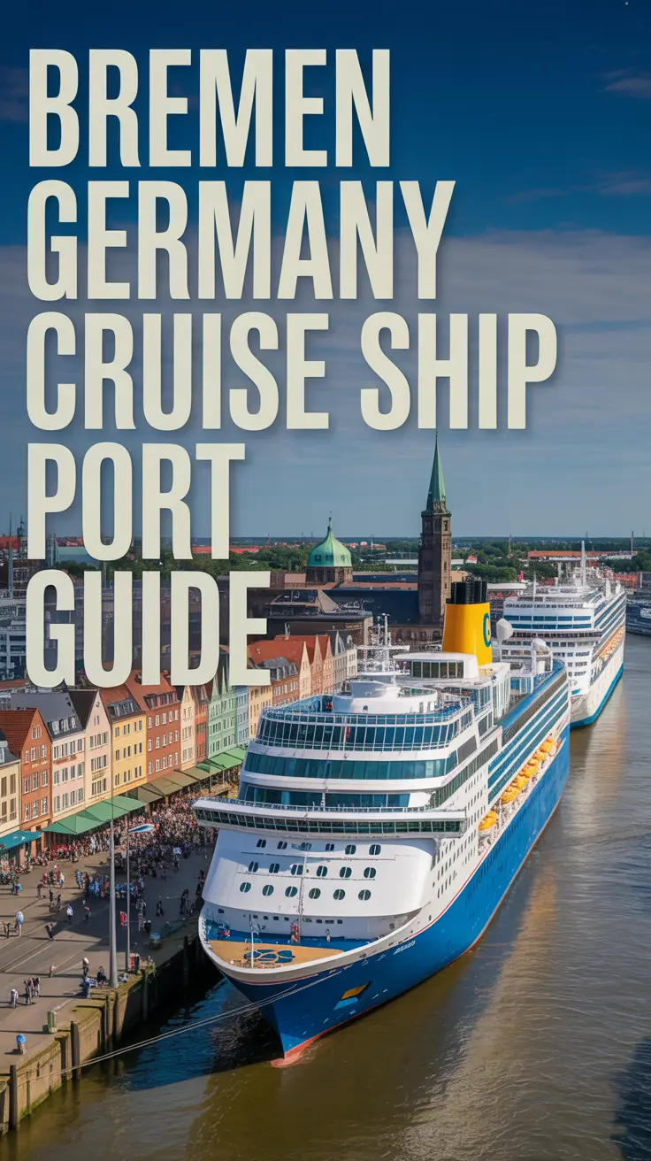 A vibrant travel poster showcasing the bustling Bremen Germany cruise ship port, featuring large cruise ships docked as passengers explore the historic waterfront under a clear blue sky, with colorful harbor buildings and classic nautical font text overlay: "Bremen Germany Cruise Ship Port Guide".