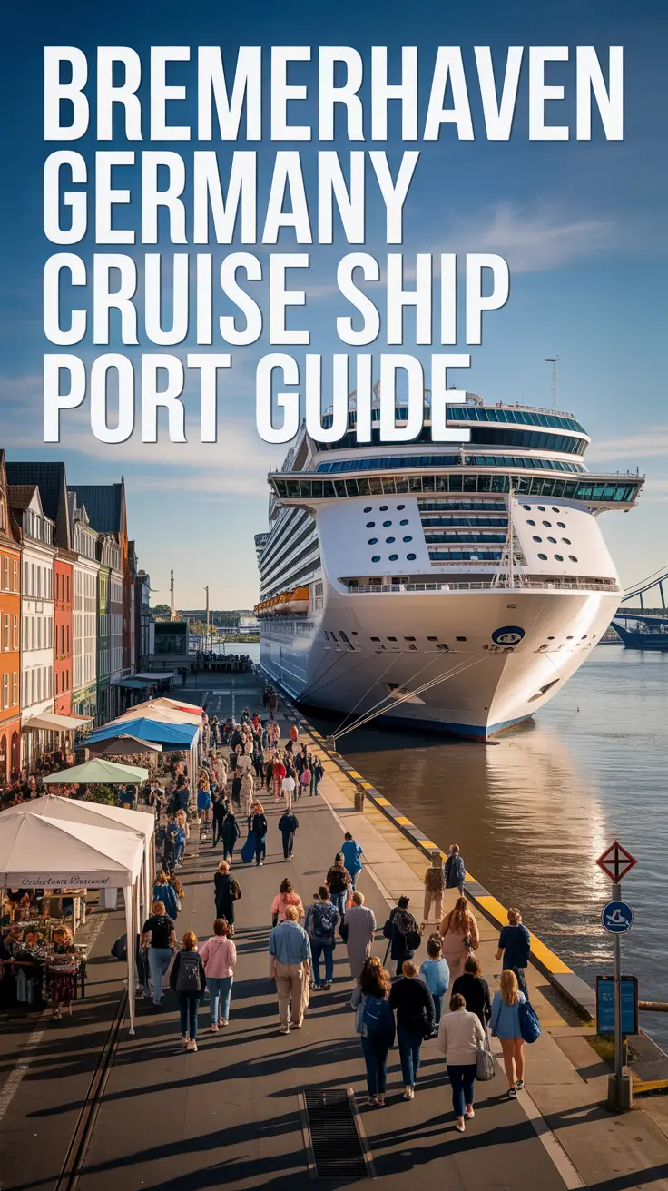 A travel-style poster showcasing the Bremerhaven Germany Cruise Ship Port, featuring a large modern cruise ship docked at the port in the warm late afternoon sun. Passengers are seen disembarking and exploring the charming harbor town with colorful buildings and historic architecture in the background. The vibrant and inviting scene evokes a sense of adventure and discovery, emphasizing Bremerhaven’s role as a gateway to the world.