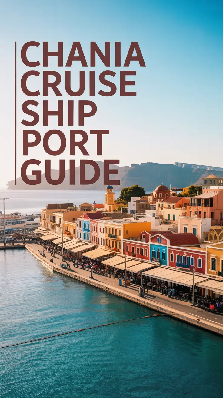 A travel-style poster showcasing the Chania Cruise Ship Port. The port is bustling with activity; colorful buildings line the harbor, with a backdrop of the Akrotiri peninsula looming in the distance. The text "Chania Cruise Ship Port Guide" is displayed prominently in a large, clean font aligned to the left, overlapping a section of the vibrant harbor buildings. Warm sunlight bathes the scene, casting long shadows and highlighting the turquoise water and the lively atmosphere of the port.