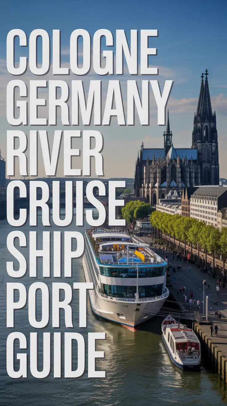 A modern cruise ship docked at a bustling port in Cologne, Germany, with the Cologne Cathedral in the background, warm late afternoon sunlight reflecting off the Rhine River and historic waterfront architecture, pedestrians and smaller boats adding vibrant activity to the scene.
