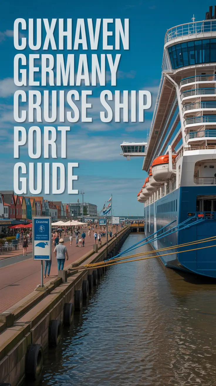 A travel photography style image depicting a vibrant, bustling cruise ship port in Cuxhaven, Germany, showcasing a large modern cruise ship docked at the pier with passengers disembarking, colorful seaside buildings, cafes, and a warm, sunny atmosphere.