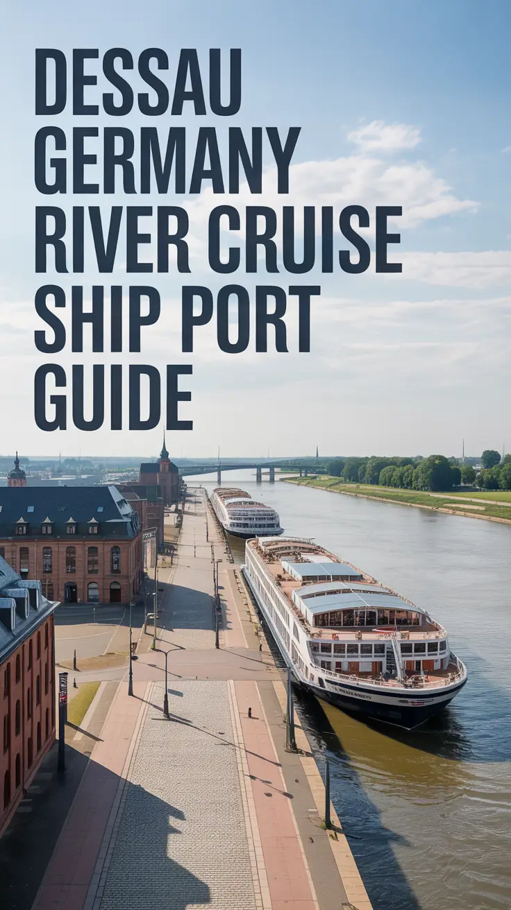 A detailed architectural illustration of a port in Dessau, Germany, showcasing a bustling river cruise ship terminal. The port features historic brick buildings, cobblestone walkways, and the Elbe River under a clear sky, rendered with meticulous detail and realistic architectural accuracy, illuminated by soft, diffused daylight.