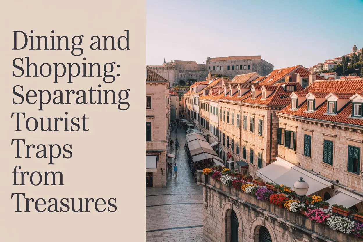 A vibrant travel photography style image focusing on a picturesque street scene in Dubrovnik's old town. The large text overlay, aligned to the left, prominently displays "Dining and Shopping: Separating Tourist Traps From Treasures" in a classic serif font. Cobblestone streets lead towards the iconic terracotta rooftops and stone walls of the city, bathed in the warm glow of the late afternoon sun, with colorful flower boxes adorning the windows of charming shops and cafes. The composition evokes a sense of exploration and discovery, hinting at hidden gems within the historic locale.