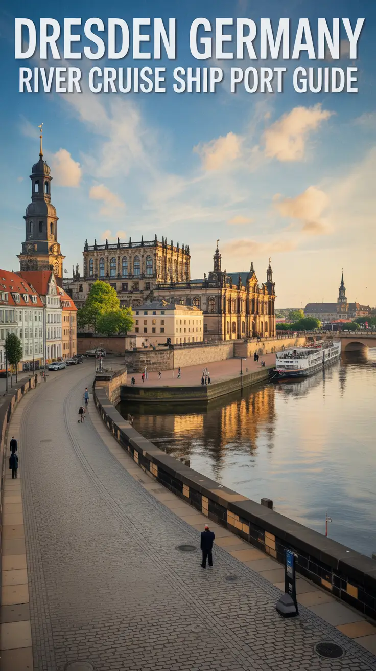 A vintage travel poster depicting "Dresden Germany River Cruise Ship Port Guide" aligned to the left, showcasing a painterly panoramic view of the historic Dresden harbor with the Frauenkirche and Zwinger Palace in warm late afternoon light, cobblestone streets leading to traditional German buildings along the Elbe River reflecting the cityscape.