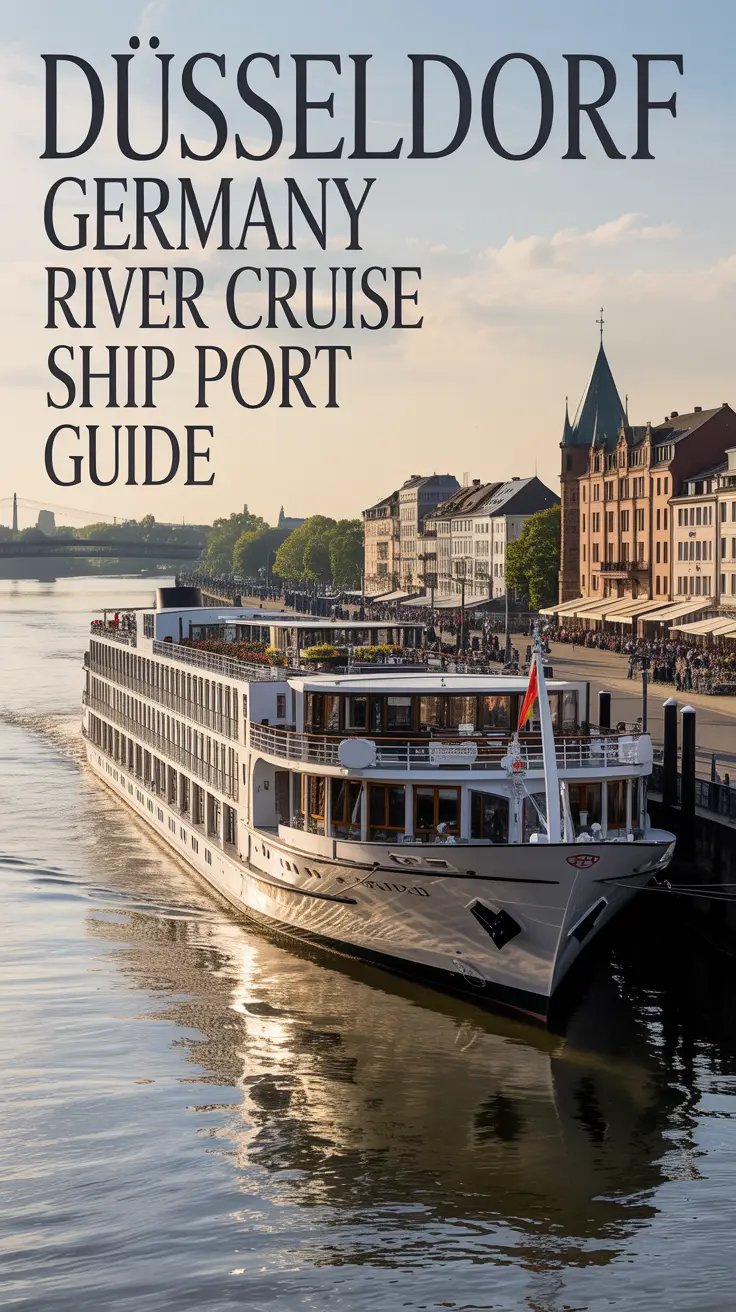 A vintage travel poster depicting a grand river cruise ship docked at the port of Düsseldorf, Germany. The stately white vessel with multiple decks and ornate details reflects gently in the calm Rhine River. A lively port scene features historic buildings and cobblestone streets under the warm glow of late afternoon sunlight, with elegant serif typography reading "Düsseldorf Germany River Cruise Ship Port Guide" along the left edge.