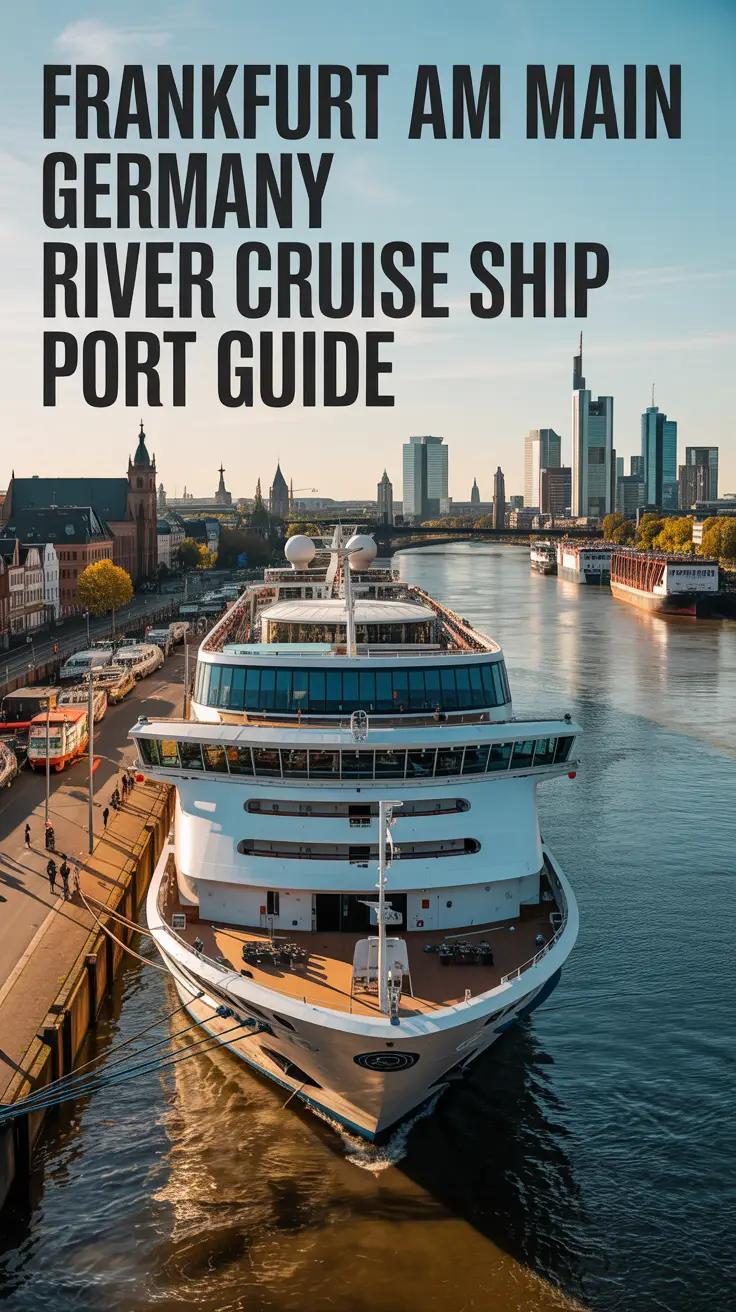 A travel photography style image of a modern cruise ship docked at a bustling port in Frankfurt am Main, Germany, featuring a brightly lit vessel with sleek multi-deck design and panoramic windows, set against a riverbank lined with cargo ships, smaller boats, historical buildings, and a modern skyline under a slightly overcast sky, with the text "Frankfurt am Main Germany River Cruise Ship Port Guide" displayed in bold, sans-serif font.