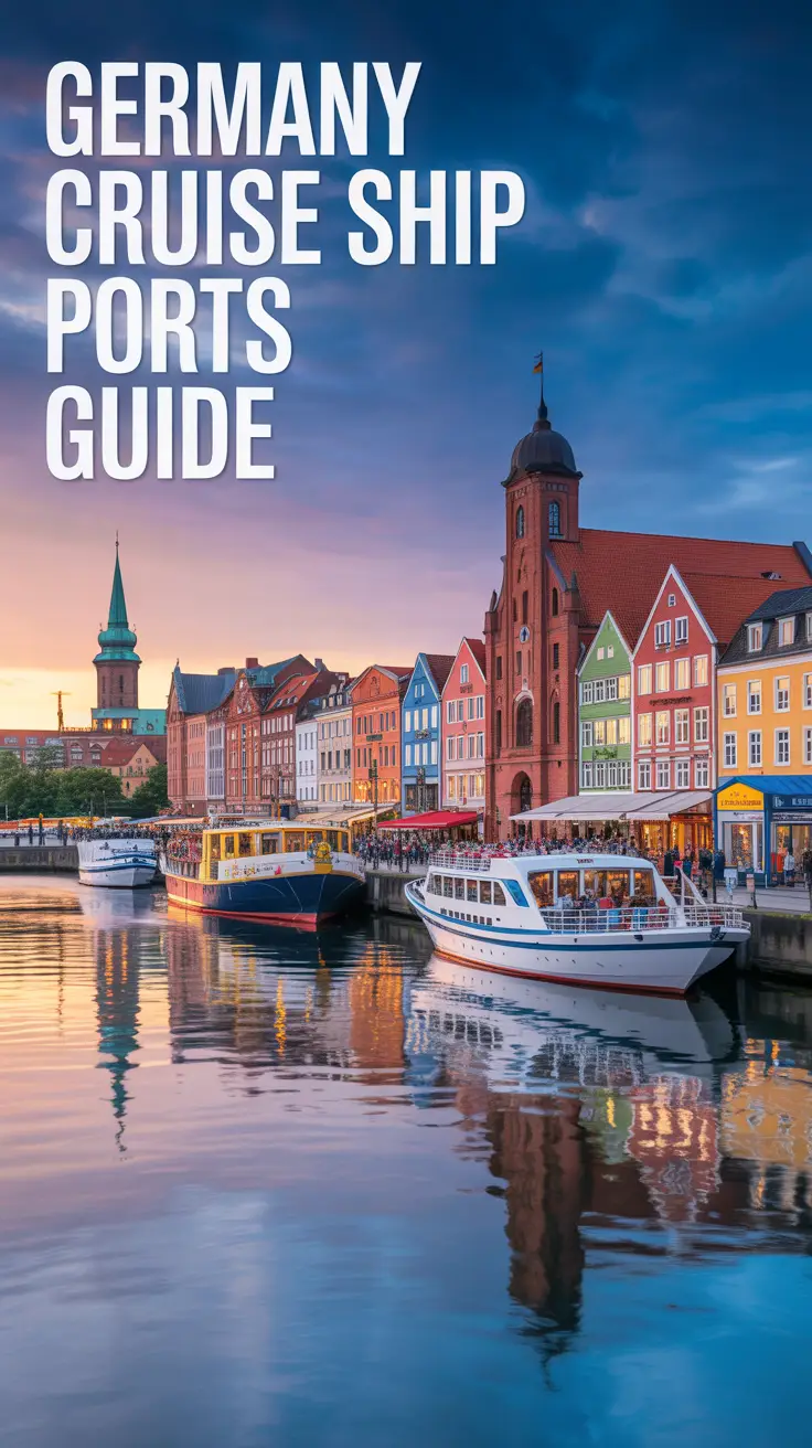 A vibrant travel guide cover illustration titled "Germany Cruise Ship Ports Guide," showcasing a realistic panorama of iconic German Baltic Sea port cities including Rostock, Warnemünde, and Kiel. The scene features colorful coastal architecture, bustling harbors, and historic landmarks reflected in calm waters, all illuminated by soft, warm lighting to evoke the inviting charm of Germany's northern coastline.