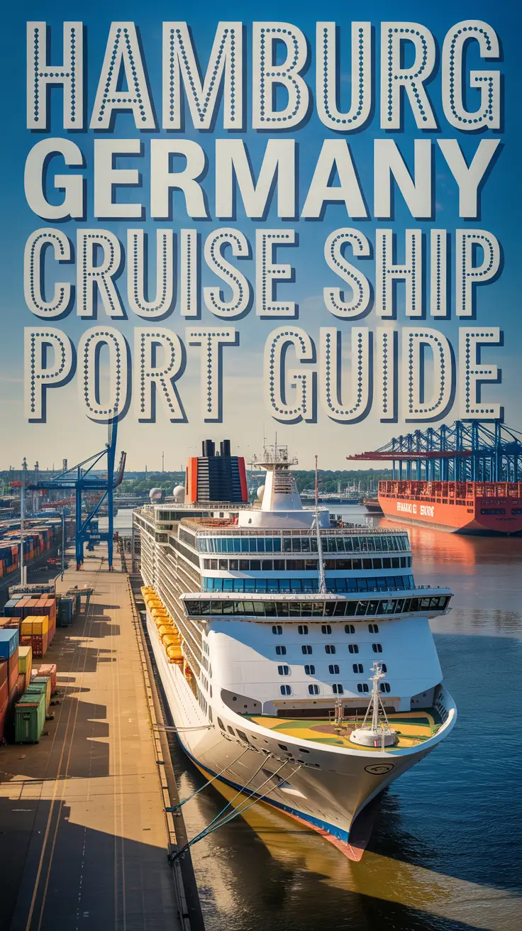 A vibrant travel poster showcasing the bustling Hamburg, Germany cruise ship port with a large, modern cruise ship docked in the foreground, surrounded by containers and port equipment. The scene is illuminated by warm sunlight, casting long shadows and enhancing the vivid colors of the ships and buildings. Bold, vintage-style text on the left reads "Hamburg Germany Cruise Ship Port Guide."