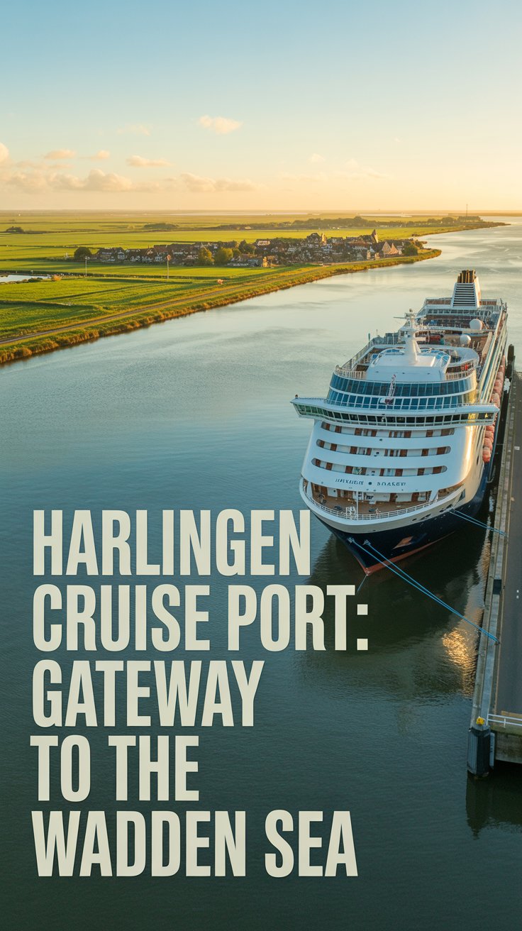 A modern cruise ship docked at Harlingen Cruise Port with the Wadden Sea and Dutch villages in the background, under warm afternoon sunlight.
