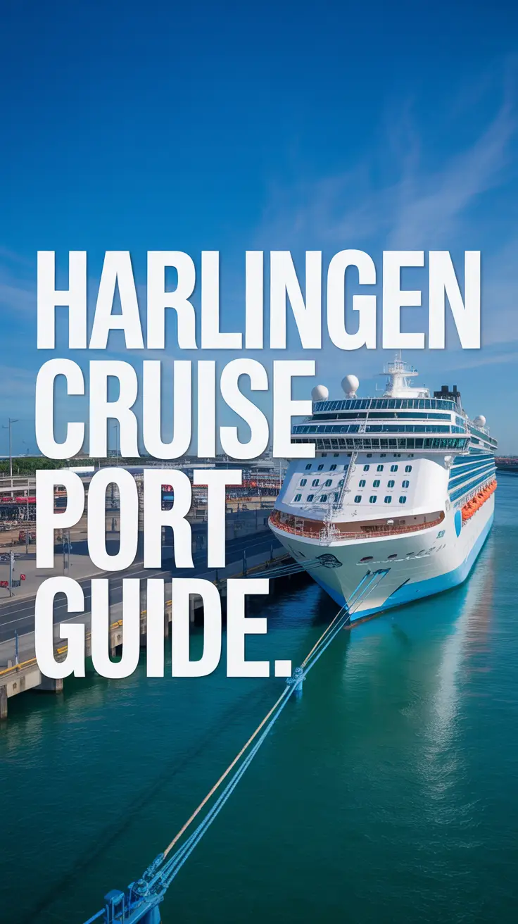 A visually striking product shot advertisement for the "Harlingen Cruise Port Guide," featuring a vibrant panoramic view of a luxury cruise ship at a modern port under clear blue skies with turquoise water, overlaid with a detailed, stylized port map highlighting key attractions and routes using clean, modern icons; bold left-aligned title text and a bright, inviting color palette create a sleek, informative, and appealing composition designed to captivate cruise travelers.
