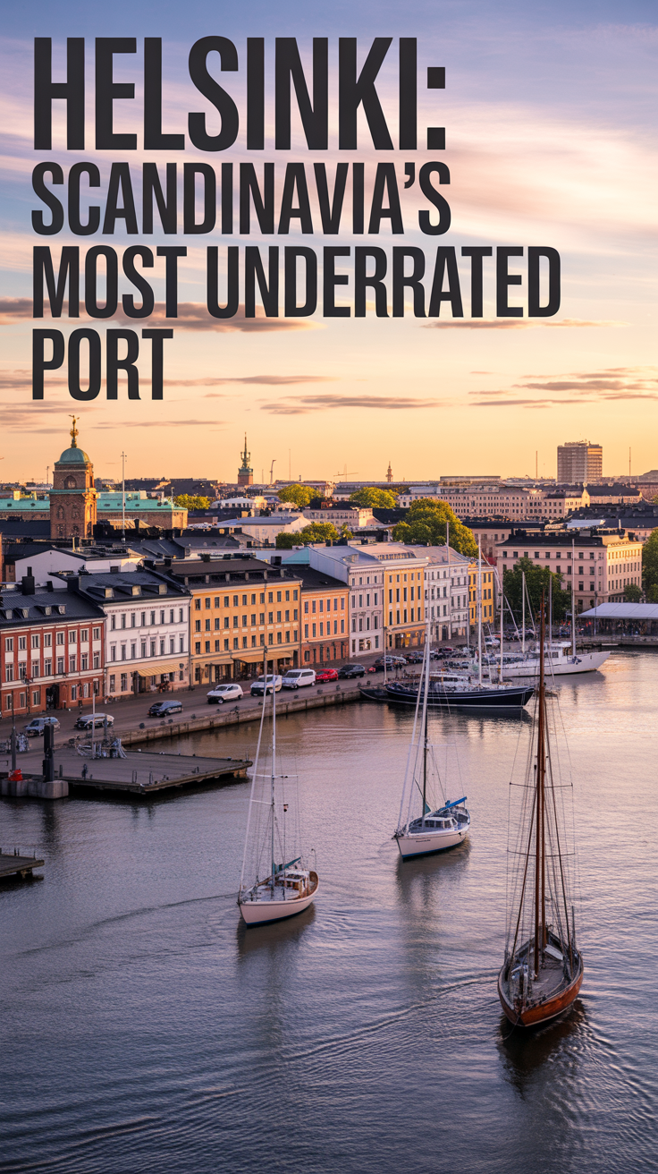 A panoramic view of Helsinki's harbor at sunset with historic waterfront buildings, modern architecture, and sailboats gliding on golden-reflected water.