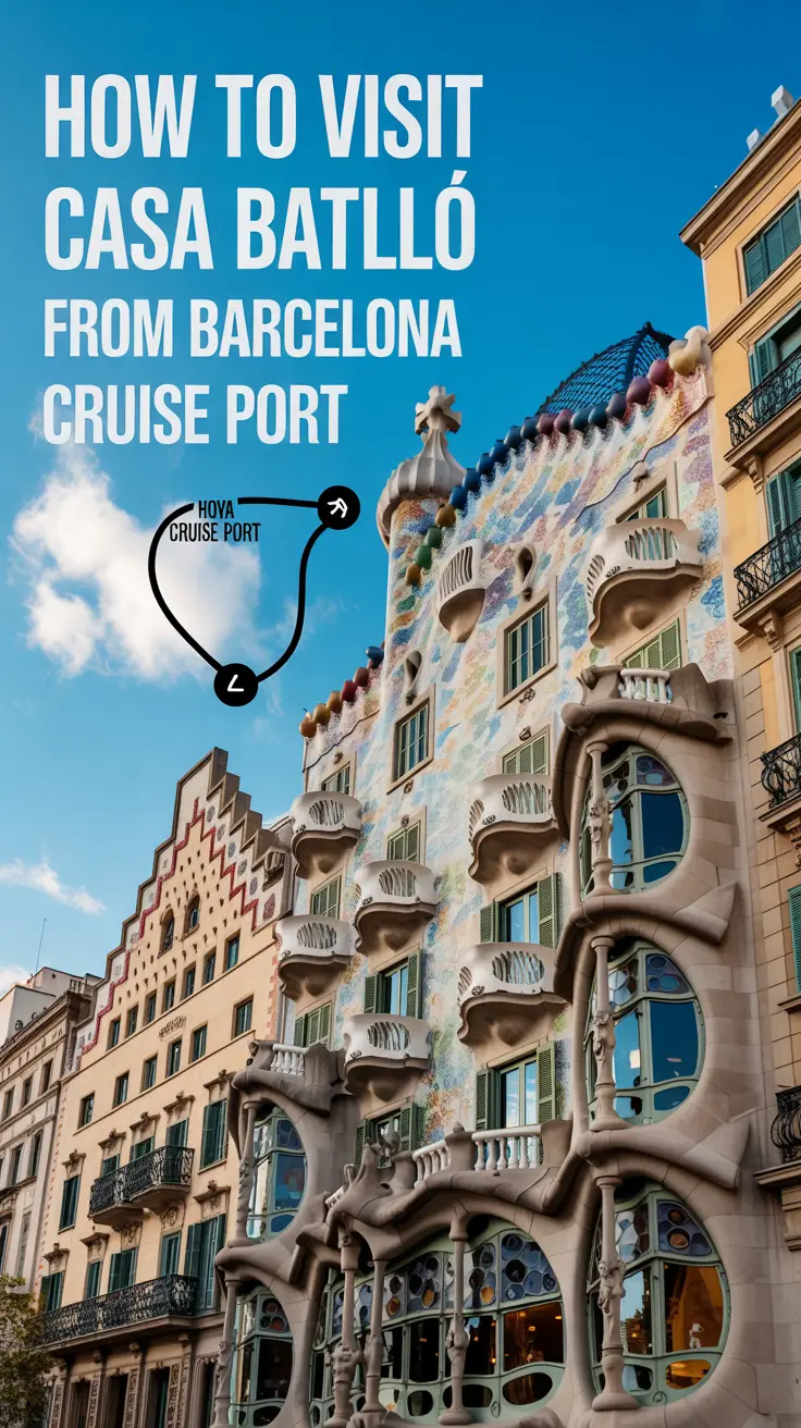 A vibrant travel information poster showcasing a view of Casa Batlló in Barcelona, featuring the building's iconic, brightly lit undulating facade under a clear blue sky with fluffy white clouds. A stylized map overlay on the left shows a route from Barcelona Cruise Port to Casa Batlló, with large travel guidance text providing visiting instructions.