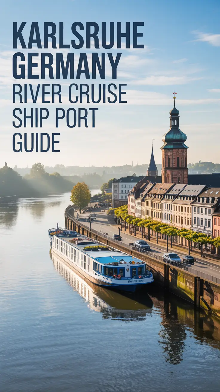 A travel guide illustration showcasing the port of Karlsruhe, Germany, with a picturesque riverfront view featuring traditional German architecture under soft natural light; mist gently rises over the tranquil river, evoking a peaceful early morning or late afternoon, with bold text reading "Karlsruhe Germany River Cruise Ship Port Guide" aligned to the left.