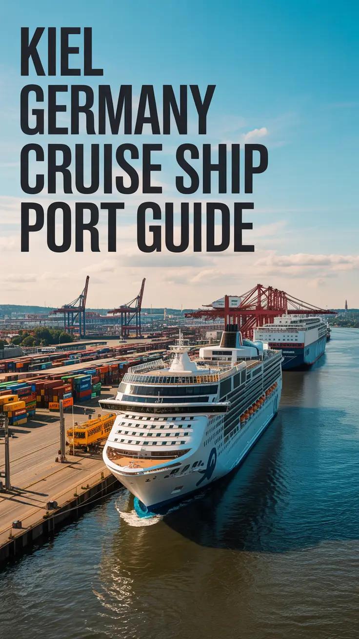 A travel photography style image featuring "Kiel Germany Cruise Ship Port Guide" in large, bold text aligned to the left. The foreground showcases a modern cruise ship docked at a bustling port in Kiel, Germany, with vibrant container ships and ferries visible in the background. The scene is bathed in warm, diffused sunlight, highlighting the architectural details of the port buildings and the reflections on the water. A clear blue sky and a few scattered clouds complete the composition, emphasizing the vibrancy and energy of the port city.