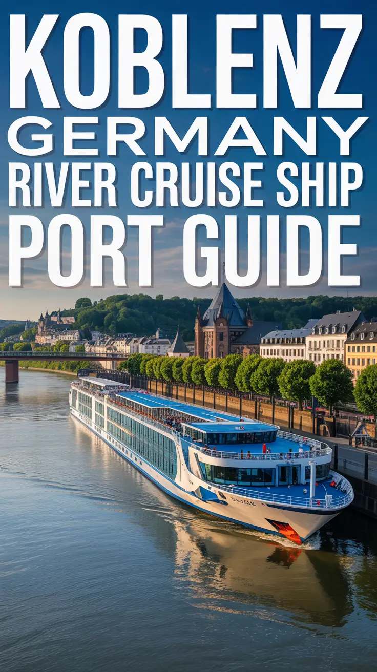 A scenic view of Koblenz, Germany, featuring a brightly colored, modern river cruise ship with multiple decks and passenger balconies docked along the Moselle River; the Deutsches Eck monument stands prominently on the riverbank, surrounded by historic buildings, all illuminated by the warm glow of the late afternoon sun.