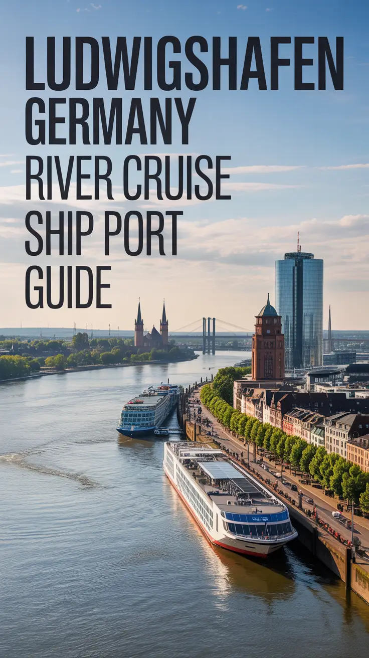A travel guide cover featuring the Ludwigshafen, Germany riverfront skyline at sunset, with a panoramic view of the Rhine River, modern cityscape, unique architectural landmarks, and a lively promenade—bold title aligned left in clean sans-serif font.
