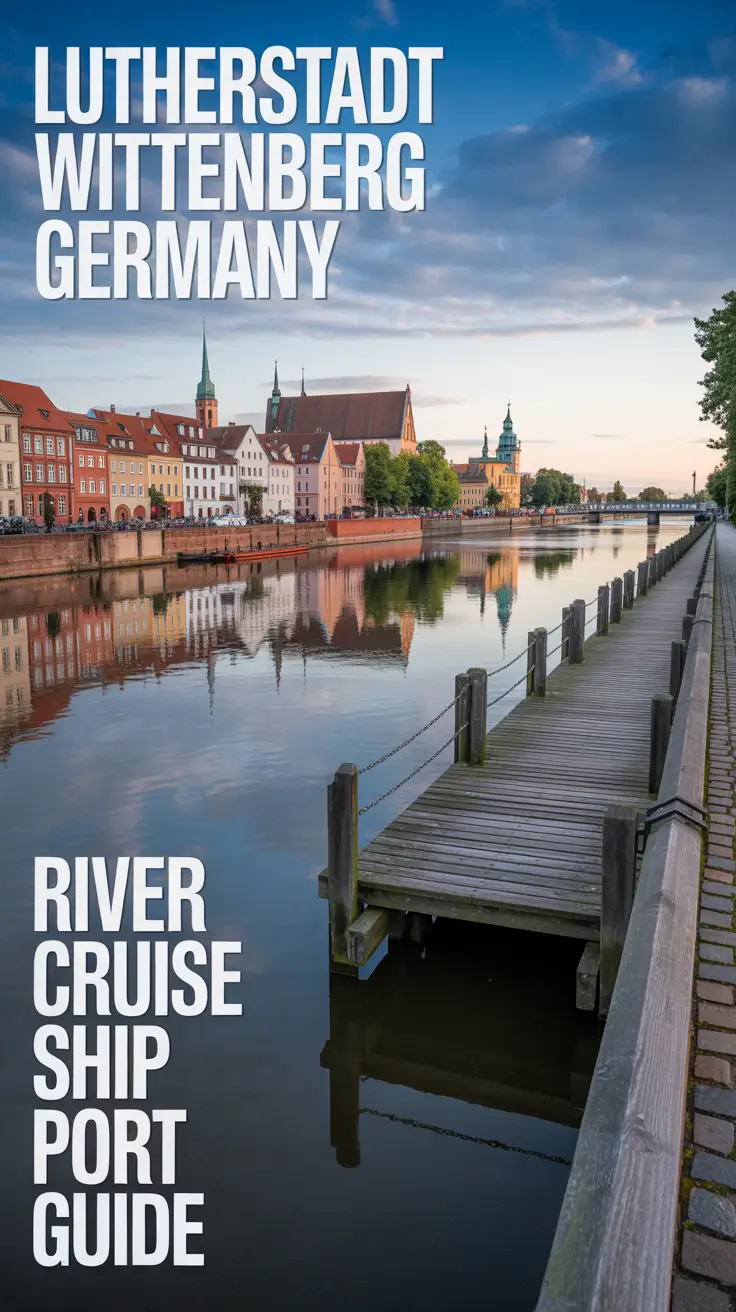 A picturesque travel poster depicting the historic port of Lutherstadt Wittenberg, Germany, featuring the serene Elbe River reflecting charming red-brick architecture and cobblestone streets along the waterfront at sunset, with a vintage wooden pier leading the eye toward the cityscape; bold sans-serif text reads “Lutherstadt Wittenberg Germany River Cruise Ship Port Guide” aligned along the left edge.