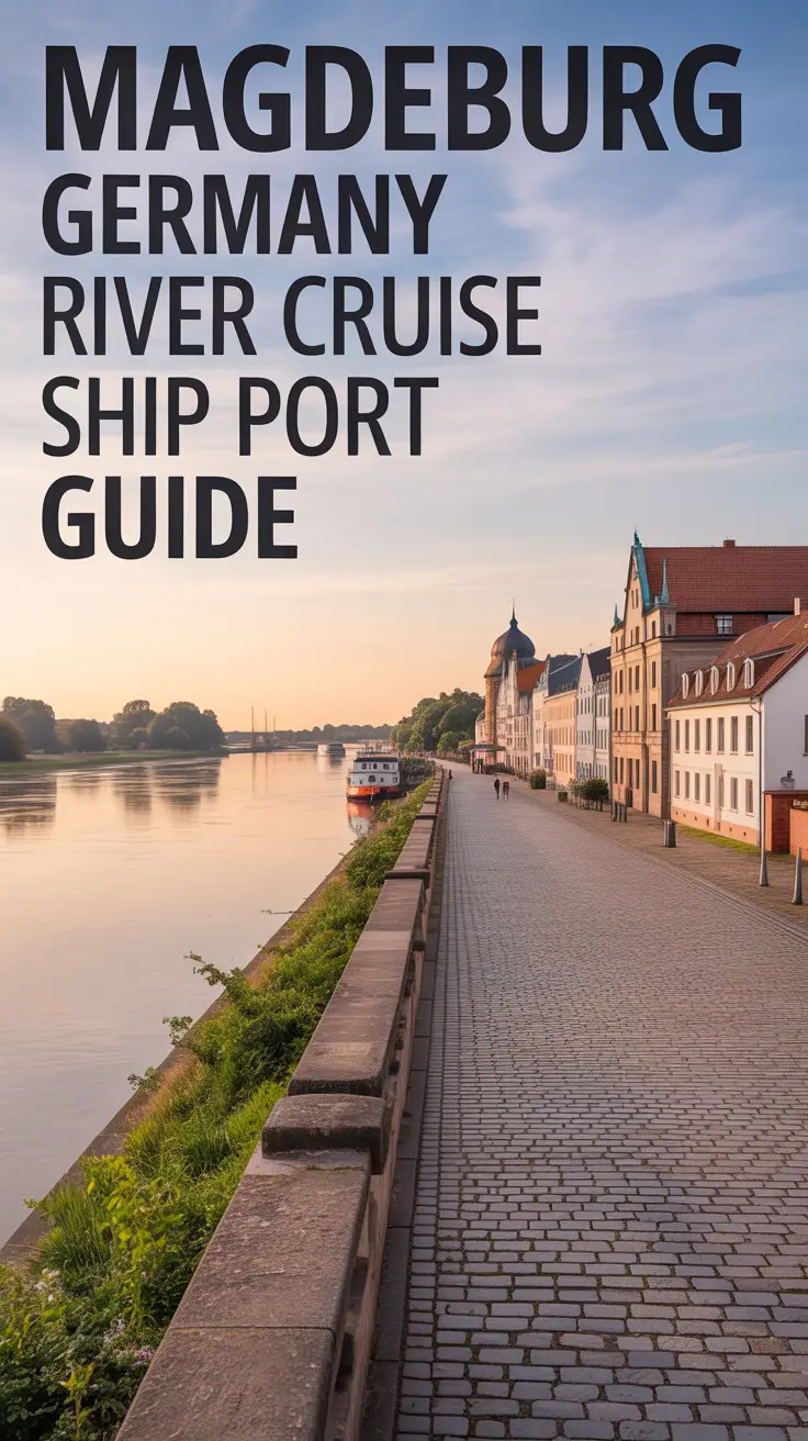 A travel guide poster showcasing the port of Magdeburg, Germany, with a picturesque riverfront view featuring a cobblestone embankment, historic buildings reflecting in the Elbe River under soft light, lush greenery, and distant sailboats.