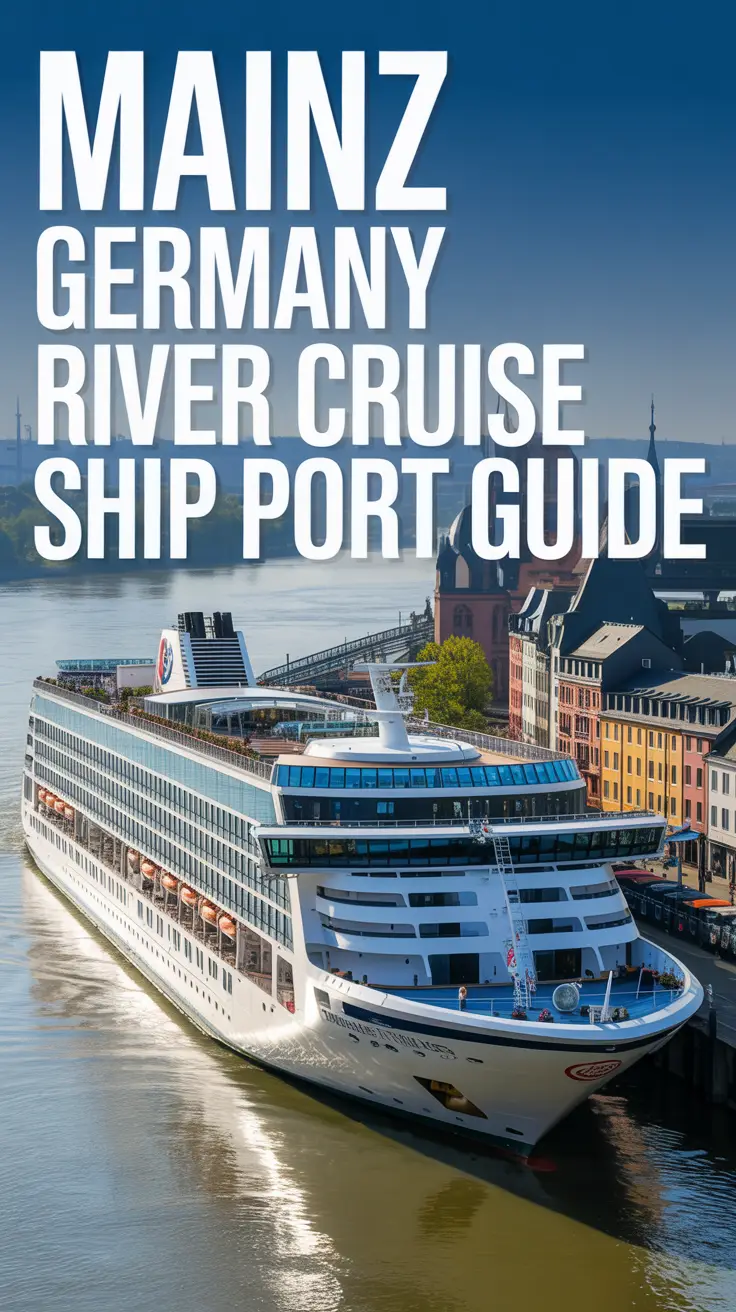 A travel-style poster depicting a sleek modern white cruise ship with multiple decks and passenger balconies docked at the vibrant port of Mainz, Germany. The sunny daytime scene features a clear view of the Rhine River, colorful riverside buildings, and a slight haze over the water, creating a warm and inviting atmosphere. Large text on the left side reads “Mainz Germany River Cruise Ship Port Guide.”
