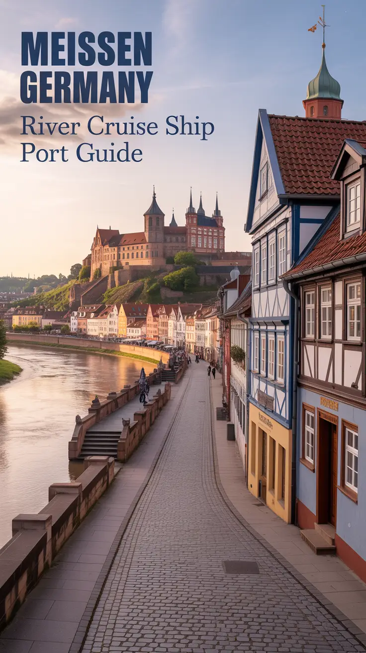 A vintage travel poster depicting "Meissen Germany River Cruise Ship Port Guide" aligned to the left, showing a realistic scene of Meissen with the Elbe River, cobblestone streets, half-timbered buildings, and Meissen Castle under warm, nostalgic lighting.