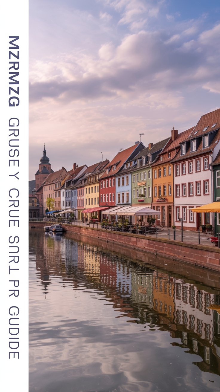 A travel-style illustration depicting the quaint port town of Merzig, Germany, focusing on the river Moselle with colorful, historic buildings reflected in the calm water; features traditional German half-timbered architecture, cobblestone streets, and a charming town square, all softly illuminated by diffused sunlight.