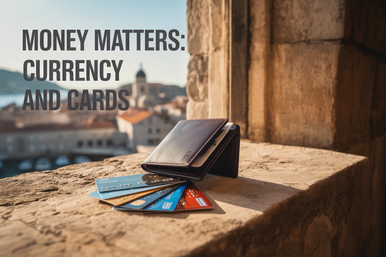A lifestyle product advertisement featuring a curated scene in Dubrovnik, Croatia, showcasing a modern wallet and several credit cards fanned out artfully on a weathered stone windowsill overlooking the historic city. Warm, golden hour lighting casts long shadows and highlights the texture of the stone and the sleek design of the wallet, emphasizing a sense of travel, financial security, and understated luxury. The left side of the frame features the large text overlay, "Money Matters: Currency and Cards" in a clean, modern sans-serif font, while the overall aesthetic is sophisticated and aspirational, evoking the feeling of confident financial management while exploring a beautiful destination. The image utilizes a shallow depth of field, drawing focus to the wallet and cards, with the historic city providing a subtly textured background, conveying both prosperity and adventure without any further textual additions.