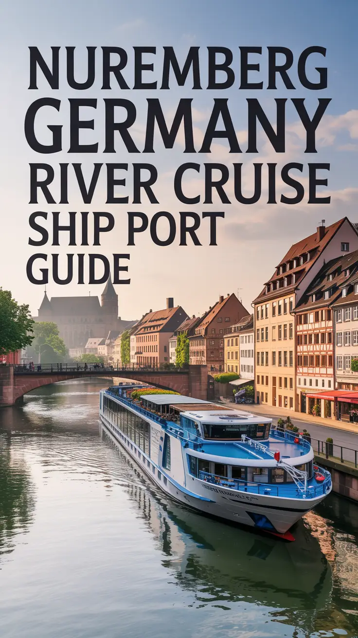 A scenic view of Nuremberg, Germany, featuring a majestic river cruise ship docked in the historic port with cobblestone streets, half-timbered houses, a distant castle silhouette, and warm sunlight illuminating the old-world European charm along the waterfront.