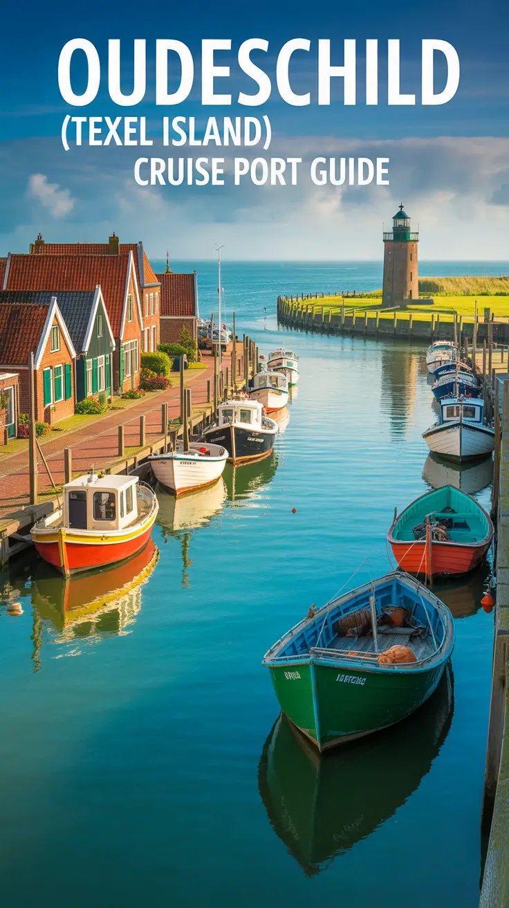 A vibrant travel poster showcasing "Oudeschild (Texel Island) Cruise Port Guide": a picturesque view of Oudeschild harbor with colorful fishing boats gently bobbing in calm turquoise water, framed by charming traditional Dutch houses with red-tiled roofs; in the background, the North Sea meets a bright blue sky, while a classic lighthouse stands on a headland under warm sunlight that casts long, inviting shadows.